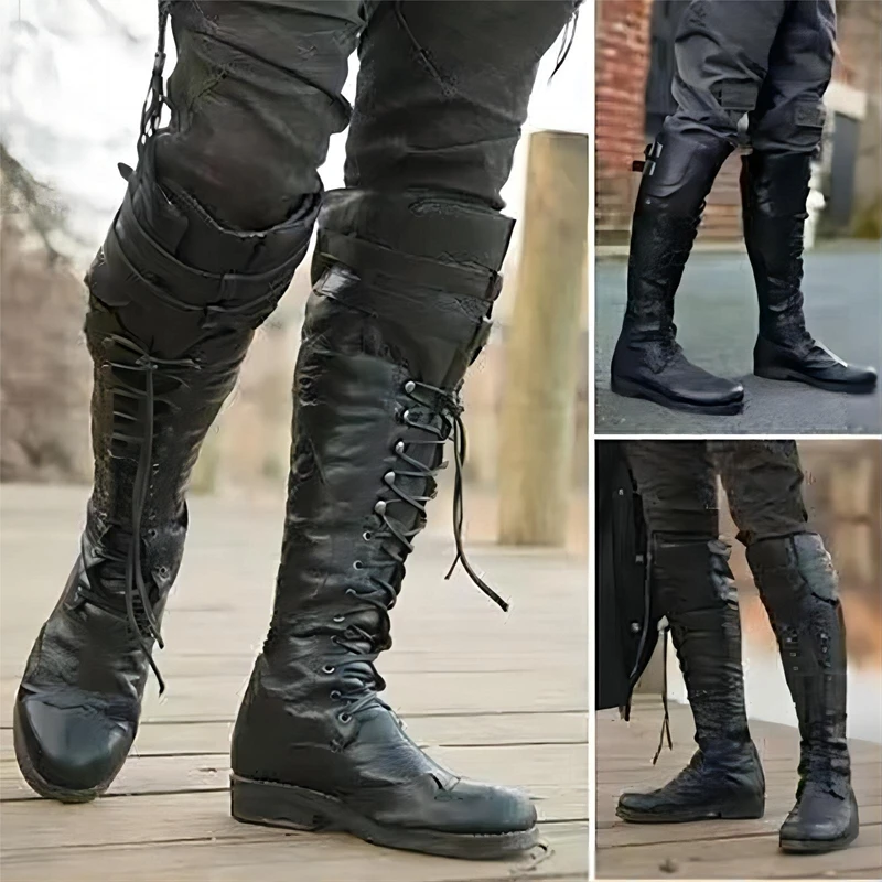 

Girseaby 2025 Female Riding Boots Round Toe Low Heels Lace Up Belt Buckles Large Size 45 46 47 48 Leisure Women Knee High Bota