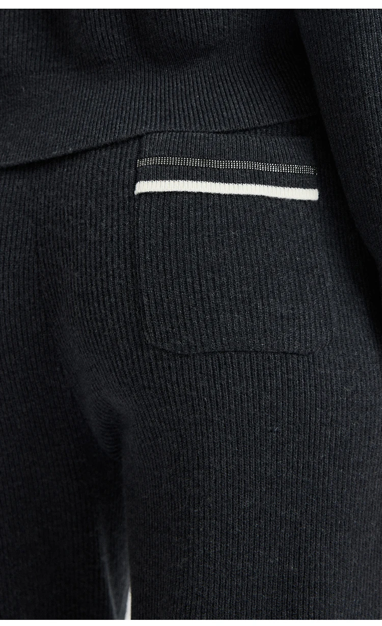 BD3621776 Damen 100% Wolle Englische Rippstruktur Schmal Geschnittene Hose Elastischer Bund Kontrast-Tasche Kettenbesatz Zweifarbig Frühherbst – Detail 9