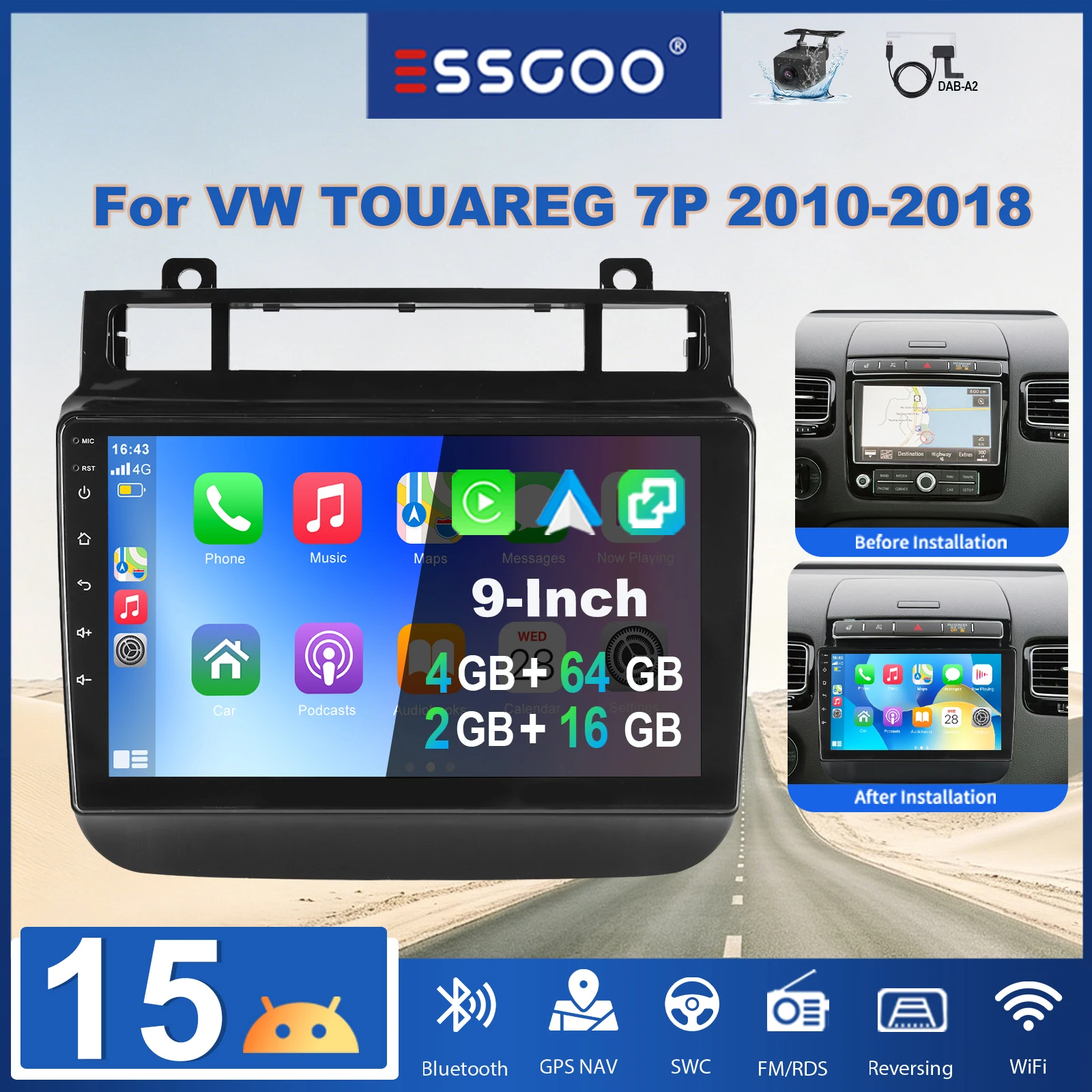ESSGOO 9" 2 DIN Android 15 Autoradio 2+16G/4+64G Wireless Carplay Bildschirm für VW Touareg 7P 2010-2018 Android Auto GPS NAVI RDS FM WIFI Bluetooth Mirror Link Lenkradsteuerung Touchscreen