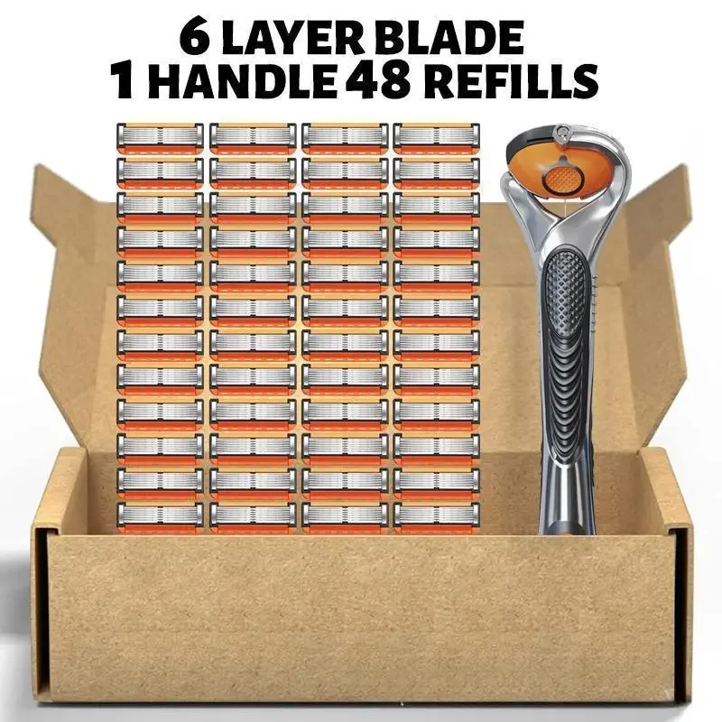 48 Pack Men’s Replacement Razor Blades with Free Razor Handle, Ultra Sharp Stainless Steel Refill Cartridges, Smooth Close Shaving Blades for Face, Head and Full Body Grooming