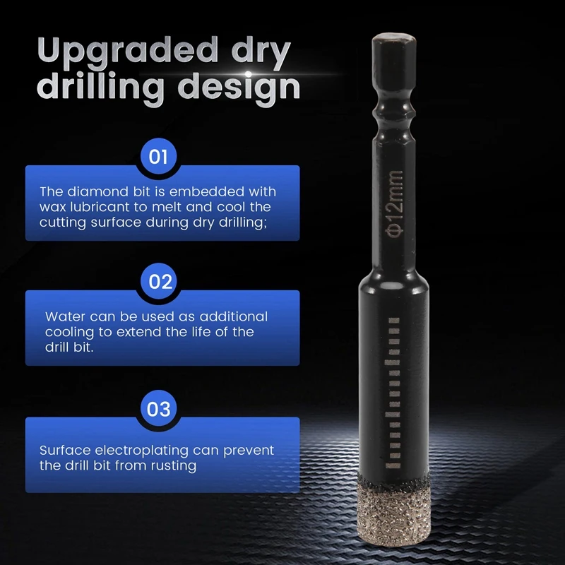 New 6Pc Black Dry Diamond Drill Bits Set For Granite Ceramic Marble Tile Stone Glass Hard Materials 5/6/8/10/12Mm