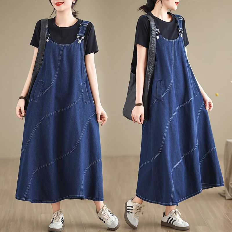

Loose Faionable Korean Sle plus Size Midi Dr Slimming Blue Denim Overalls A-Line Skirt Cotton Polyester Blend