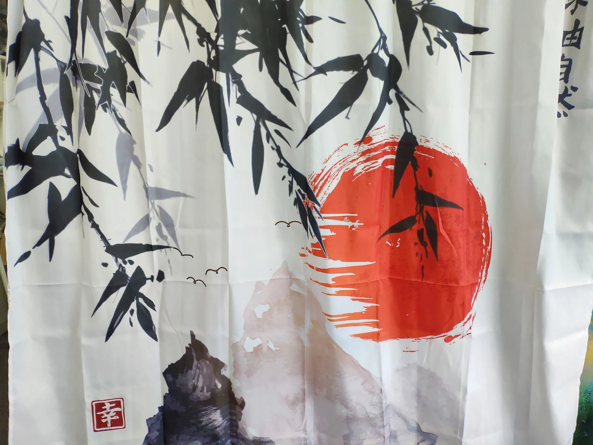 Japanese Bamboo Trees Sun and Mountains Bath Curtain Polyester Fabric Waterproof Shower Curtains Shower Curtain Red