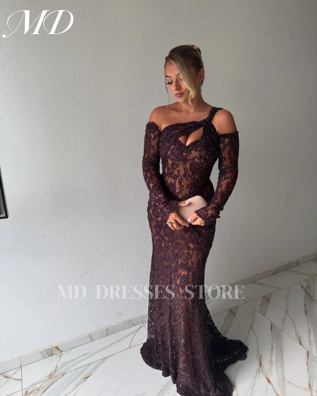MD فساتين سهرة فاخرة جديدة من الدانتيل البني بدون أكتاف وأكمام طويلة مطرز بالخرز 2025 دبي حورية البحر فستان رسمي للحفلات الراقصة حسب الطلب #4