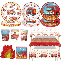 Fireman Party Tableware Plates Cups Napkin Fire Engine Balloon Kids Boys Firefighter Themed Birthday Party Decor Supplies