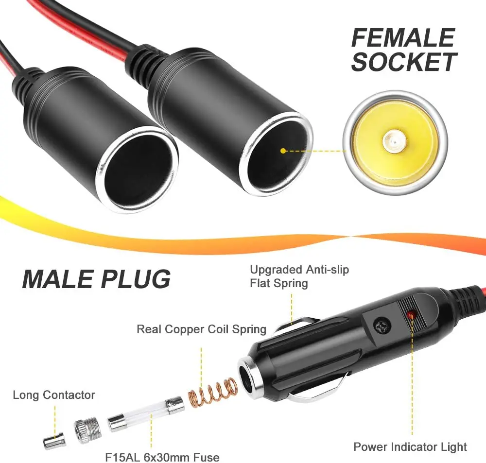 Extractme 1 to 2 Car Cigarette Lighter Splitter Adapter Power Charger Port 16AWG 12/24V Plug Socket 2-Way Splitter with 15A Fuse