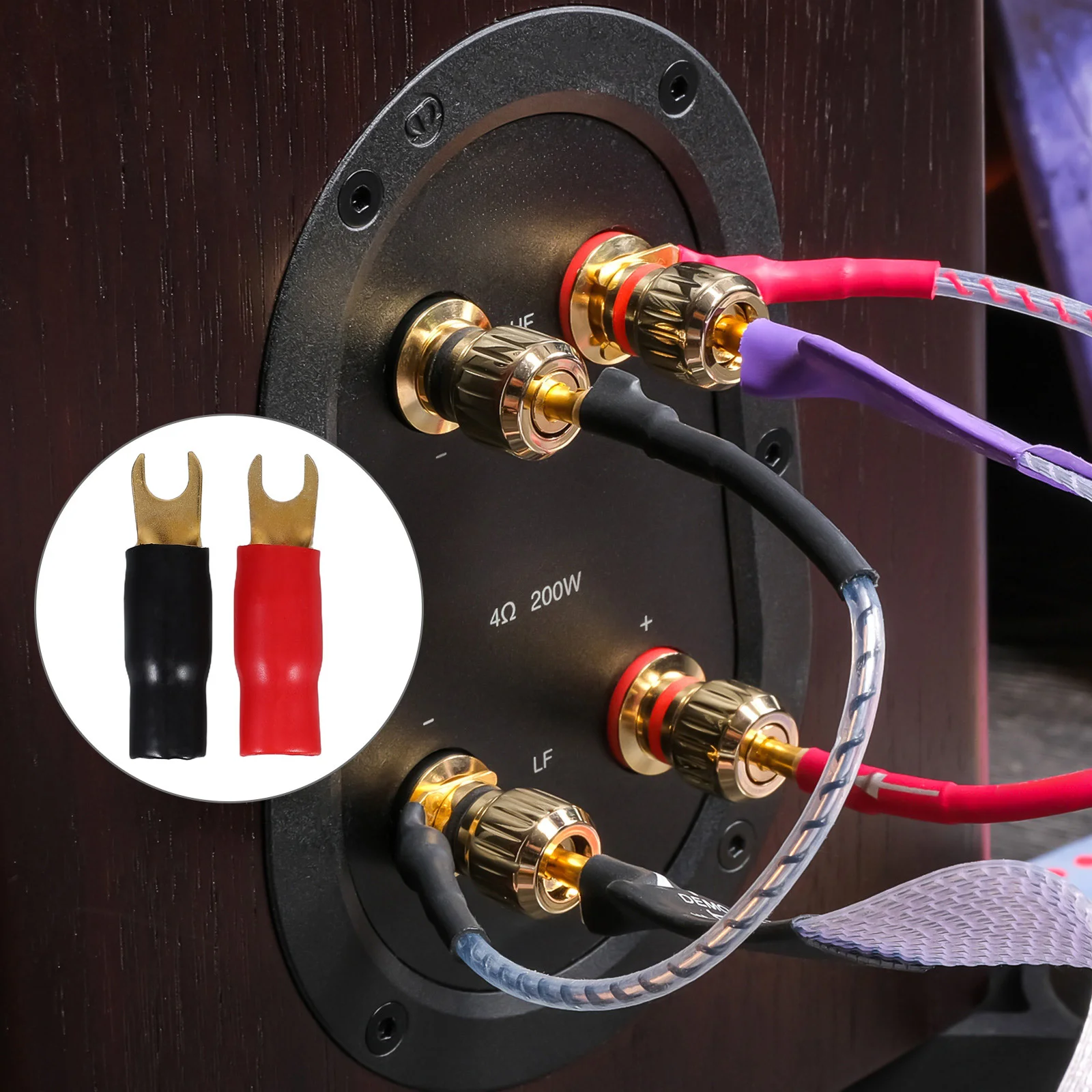 

3Pairs 0 Gauge Crimp Terminals Connectors Gold Plated Copper Red Black Fork Spade Terminal Speaker Wire Adapters