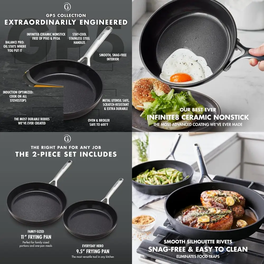 

Набор сковородок с твердым анодированным антипригарным покрытием 11 и 9,5, не содержащие PFAS, индукционные и все варочные панели, можно мыть в посудомоечной машине и в духовке, плоская поверхность GP5, черный