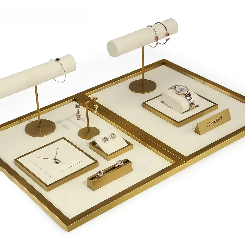 

Metal beige microfiber jewelry display props set necklace ring earrings bracelet jewelry counter display stand