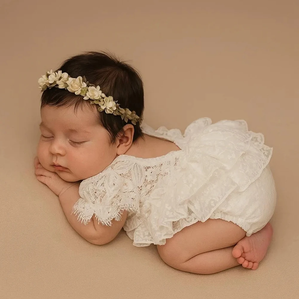 Newborn Girl Photography Outfits White Lace Ruffle Romper Baby Photo Clothes Infant Lace Bodysuit Newborn Photoshoot Romper