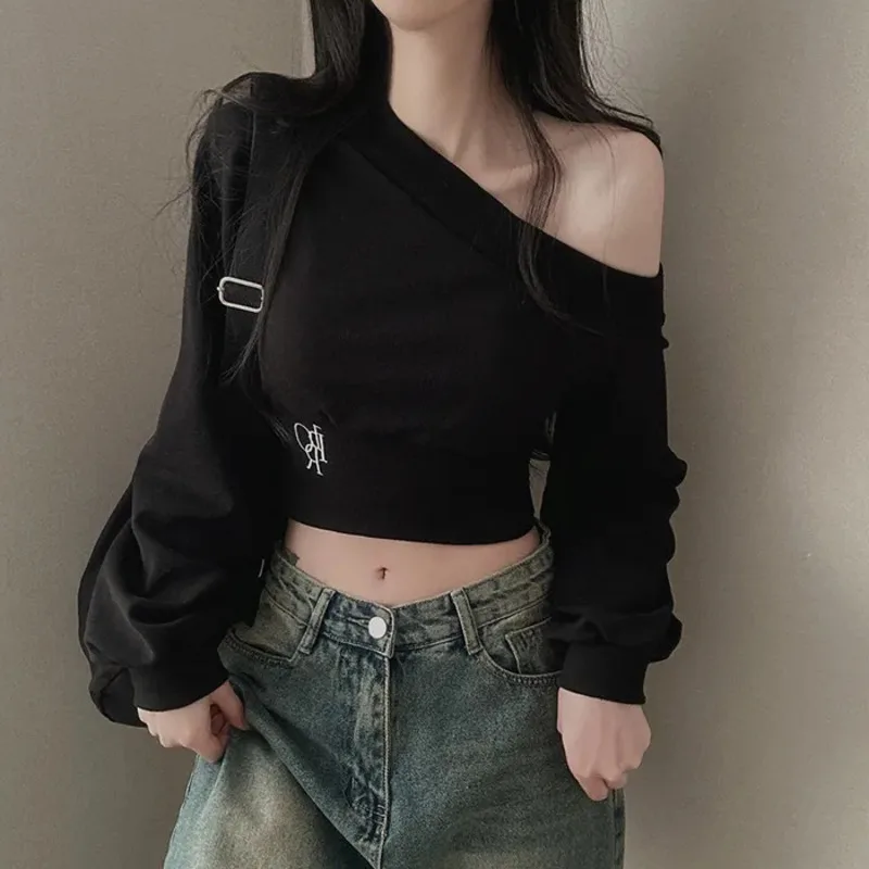 Sudaderas con capucha de cuello Irregular para mujer, suéter Sexy de manga larga abullonada, Tops ajustados sólidos, novedad de otoño, 2024