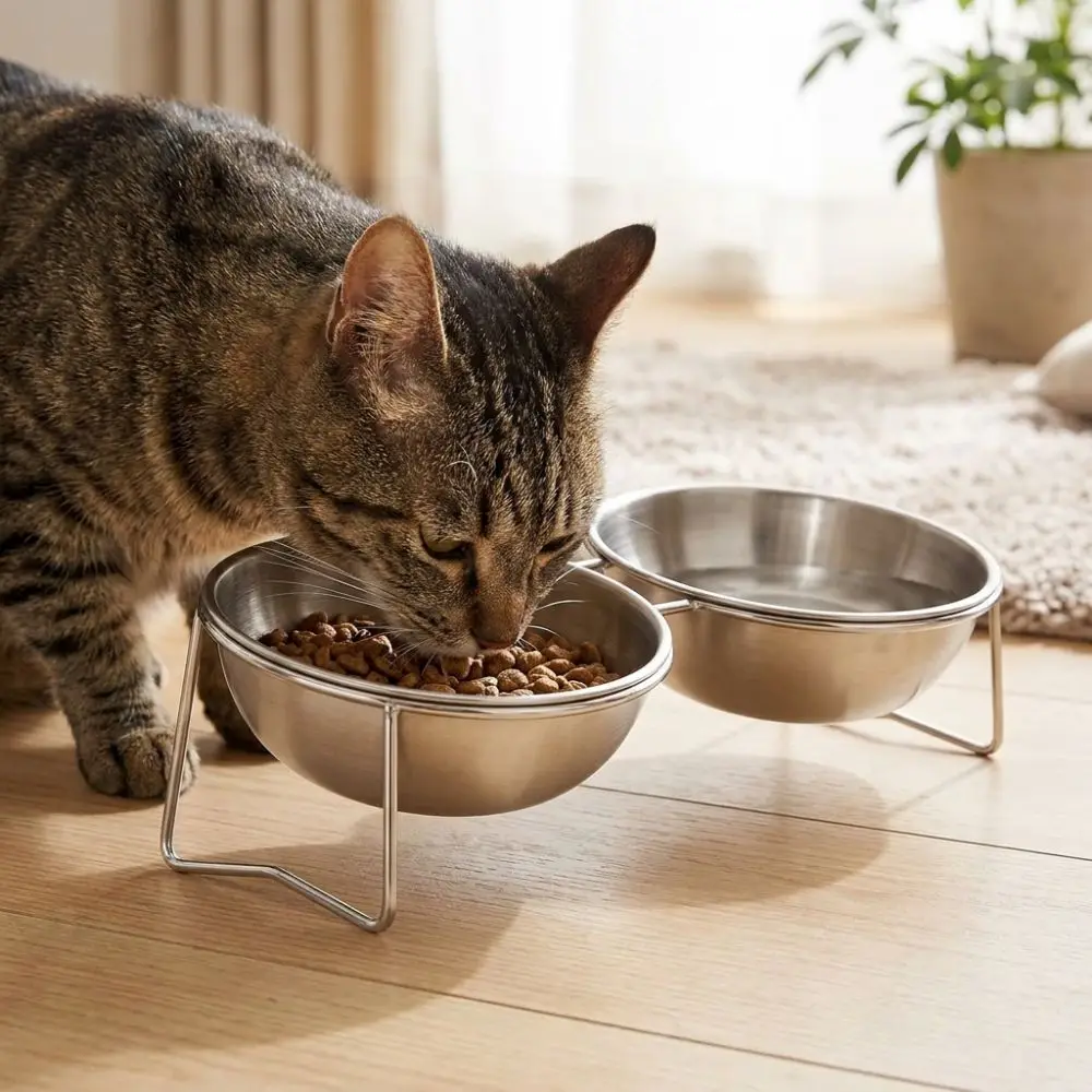 Large Capacity Stainless Steel Cat Bowl Anti-Tipping Neck Protection Elevated Pet Food Bowl Nonslip Raised Double Water Bowls