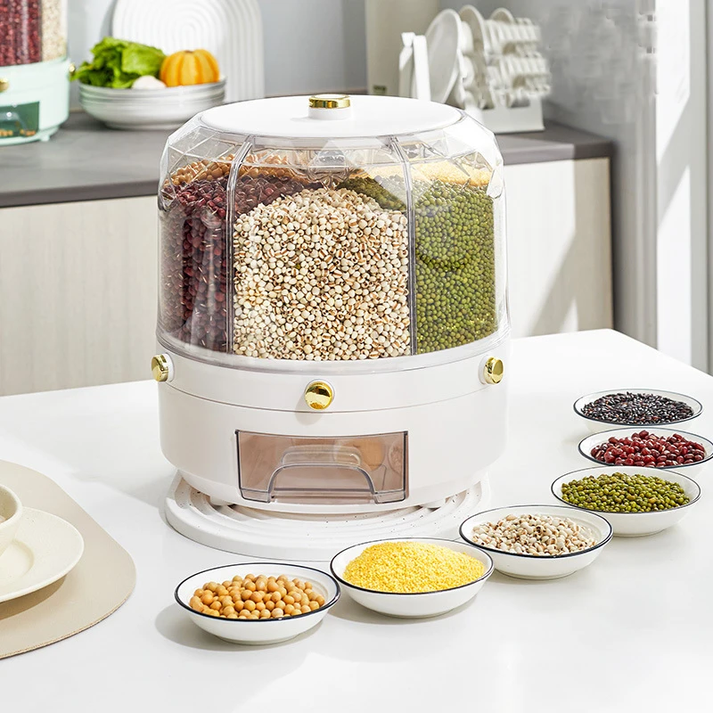 

360 Degree Rotating Rice Dispenser Sealed Dry Cereal Grain Bucket Dispenser Moisture-proof Kitchen Food Container Storage Box