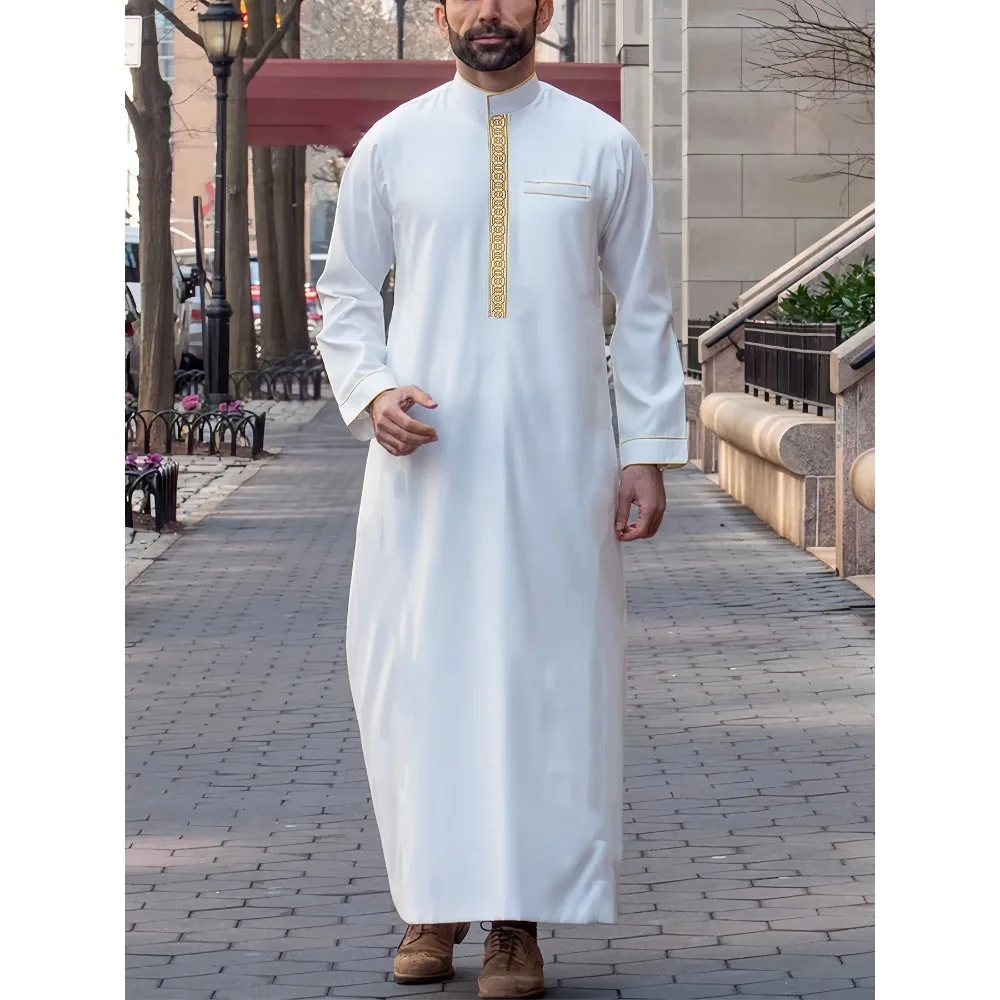 New Middle Eastern Men's Robe, Long Sleeve Embroidered Stand Collar, Loose Arabic Muslim Style Exudes Dignity