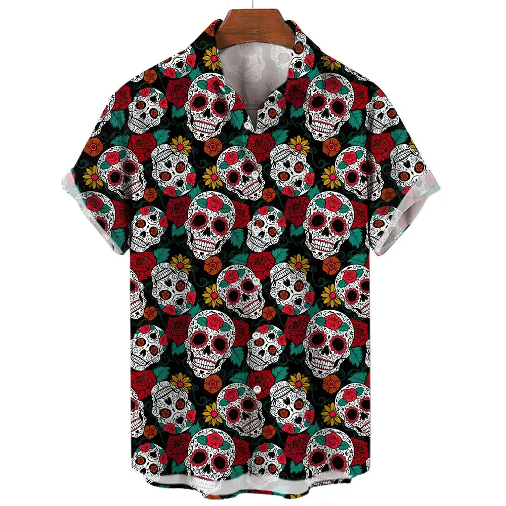 Rose Skull Print Shirt Men\'s Short Sleeve Shirt Summer Street Fashion Tops Men\'s Casual Oversized Shirt Size S-5XL