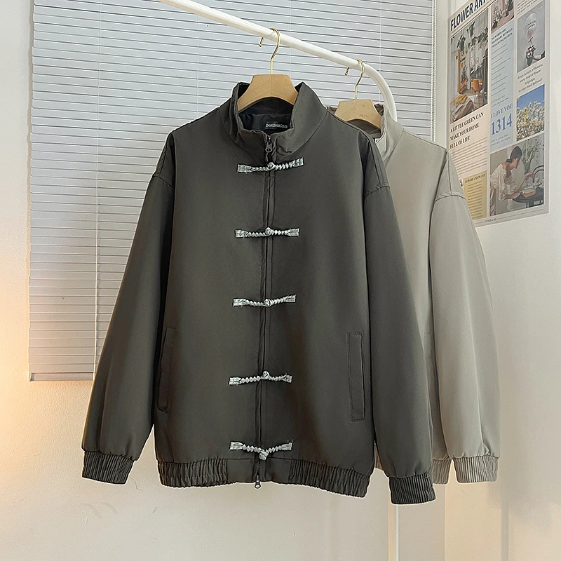 

New Chinese Sle Loose Fit Men's Workwear Jaet with Stand Collar And Button Detail Trendy Casual Baseball Sle Coat