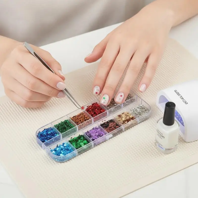 1Box 12 Grids Five-pointed Star Wave Point Nail Art Glitter Sequins Mixed Color Sparkly Mixed Shapes DIY Manicure Nail Decorati