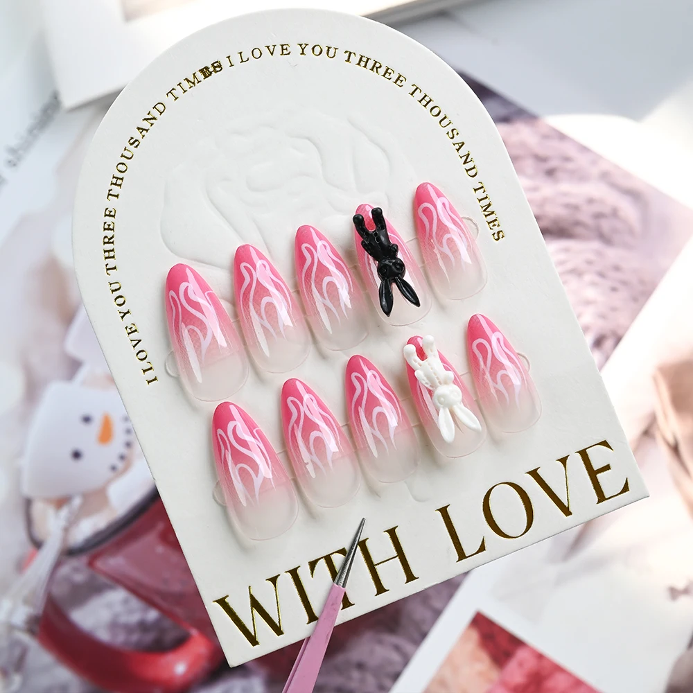 24개 그라데이션 핑크 아몬드 모양 3D 토끼 모양 라인스톤 장식 화이트 불꽃 프레스온 네일 심플 탈부착 가능 가짜 네일 팁