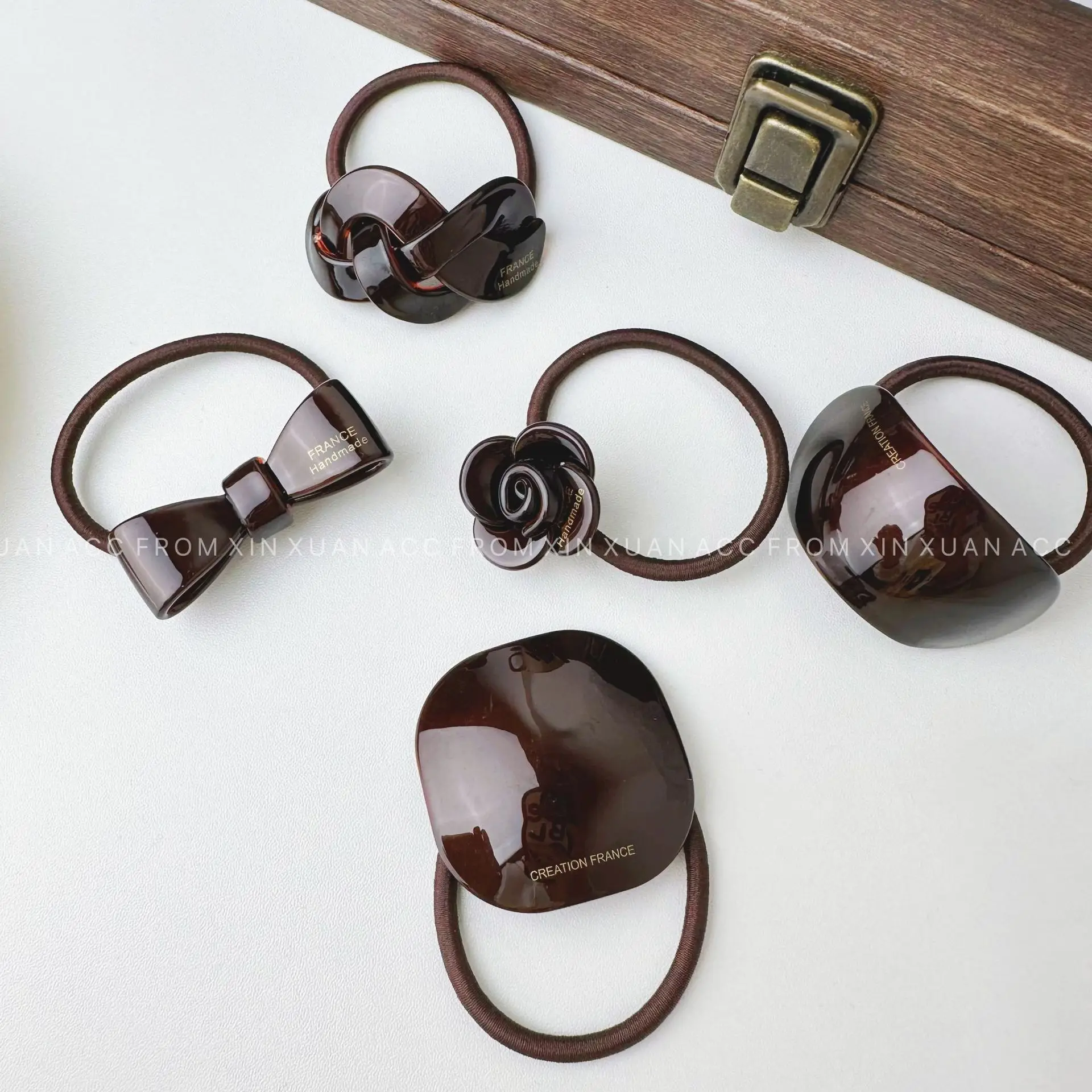 Bright Chocolate Brown Acrylic Hair Accessories Hair Ropes Rubber Bands Set High Quality France Made Geometric Rose Hairbands