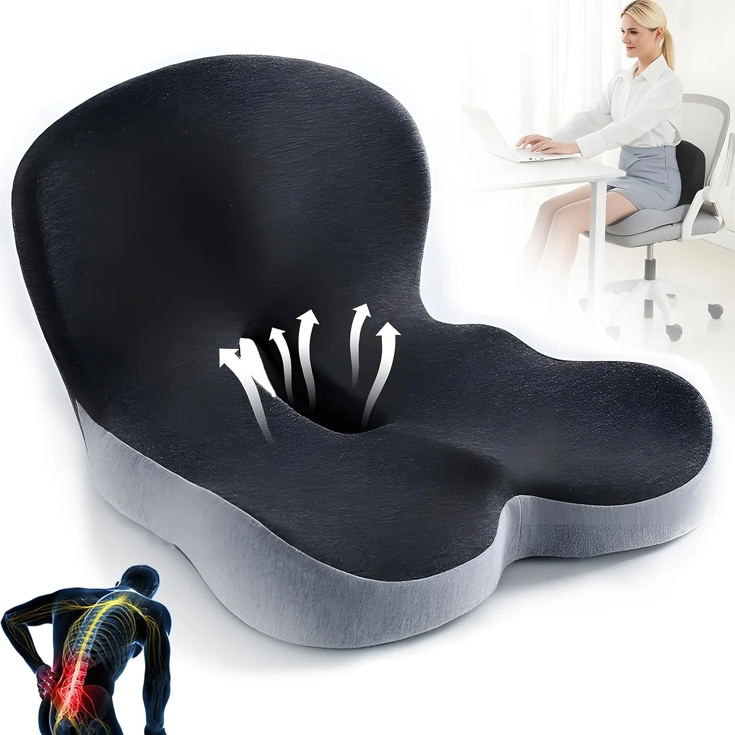 

Ergonomic Seat Cushion Memory Foam One-piece Backrest Office Chair Soft Supportive Washable Relief Breathable Car Butt Pad