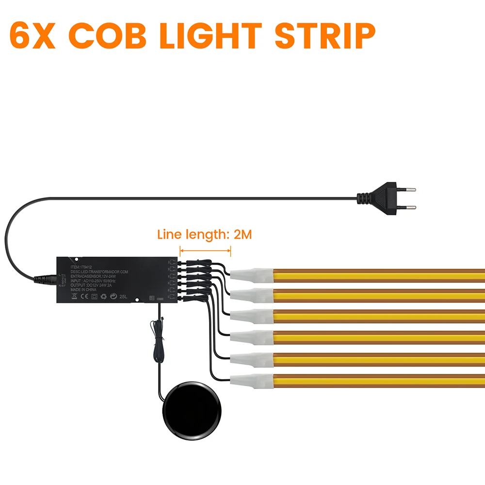 Hand Sweep Sensor Switch COB LED Cabinet Light Flexible Strip EU Power Adapter Kit 400LEDs/m Free Cut 12V 24V 3000K 4000K 6000K