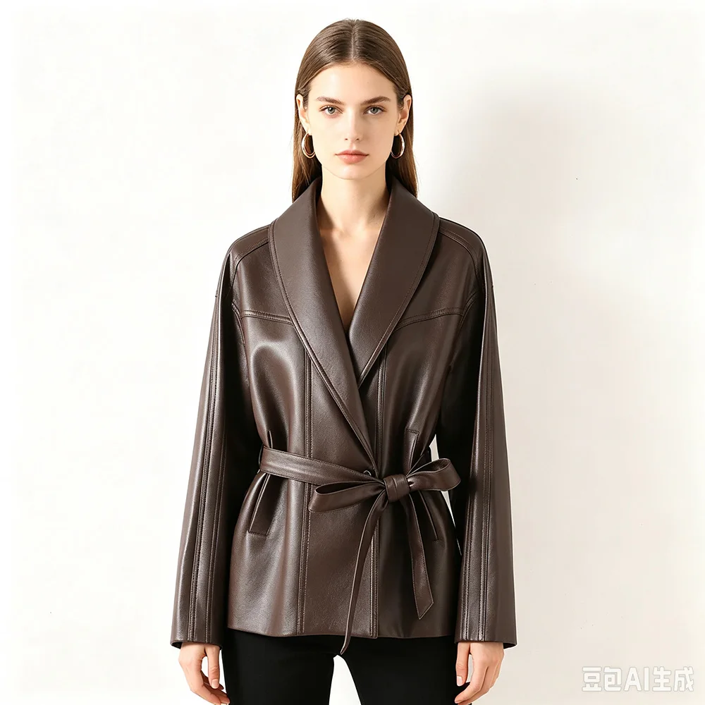 New Women Spring Autumn Split Leather Trench Coat Fashion Turn-down Collar Slim Waist with Belt Daily Leather Coat Casual Jacket
