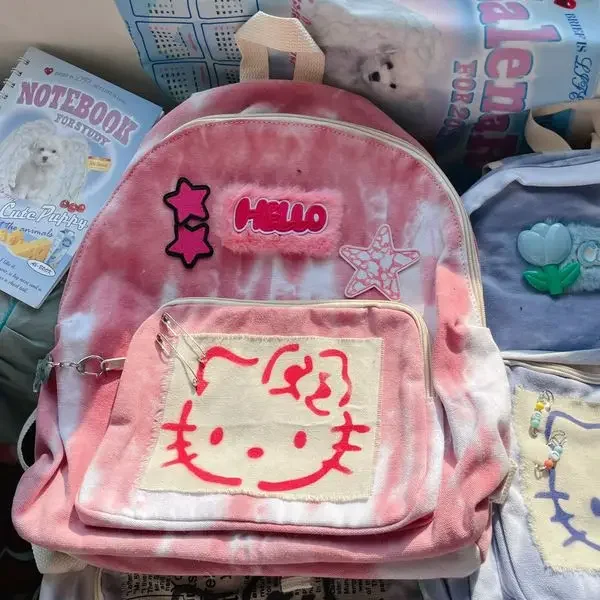 Sanrio-女の子のためのかわいいキティレトロな大学のバックパック、対照的な色のテクスチャ、手作り、オリジナル、新しい