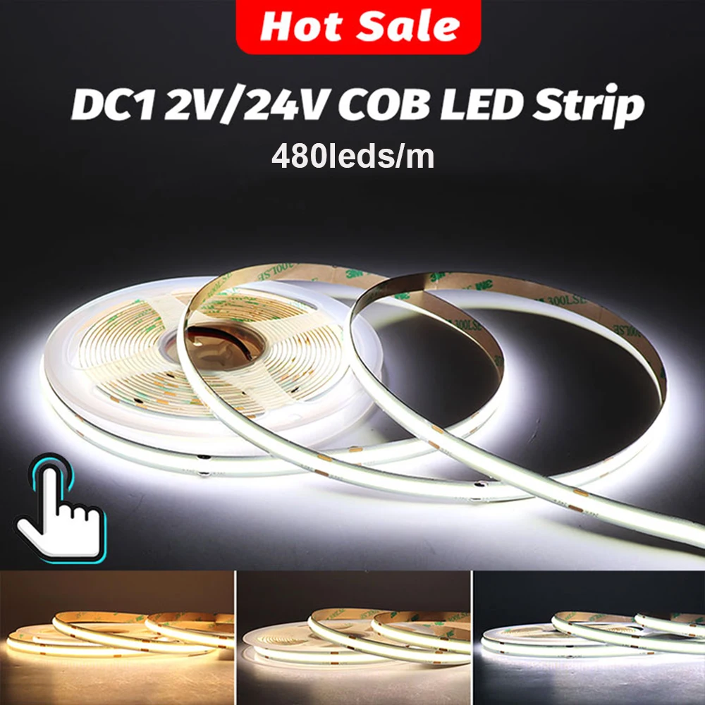 DC 12V 24V COB LED Strip Light 480LEDs/m High Density Flexible RA90 Tape Ribbon TV Backlight LED Strip Room Decor 4000K 6000K