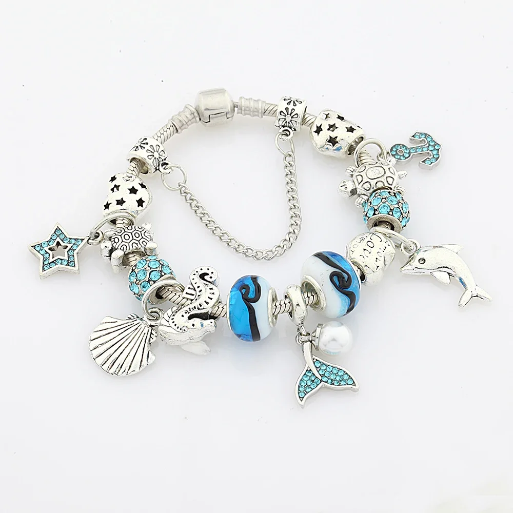 Dropshipping Trendy Mermaid Star Shell Dolphin Pendant Charm Bracelet Silver Color Heart Seahorse Turtle DIY Beaded Jewelry Gift