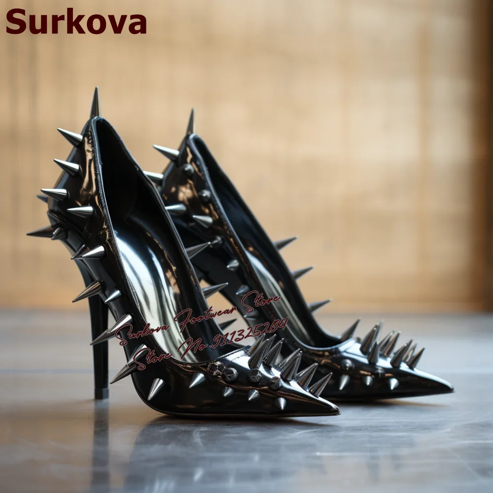 Surkova Silver Long Rivets Decorated High Heel Shoes Black Matte Stiletto Heels Pointed Toe Punk Style Dress Pumps Spikes Heels