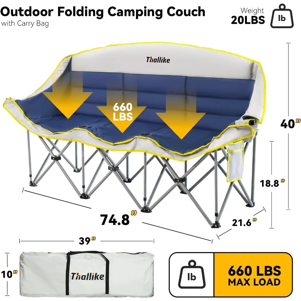 كرسي تخييم مزدوج - أريكة قابلة للطي للاستخدام الخارجي تتسع لـ 2-3 أشخاص مع حاملات أكواب وكأس للنبيذ - أريكة تخييم كبيرة الحجم بمقعدين للتخييم