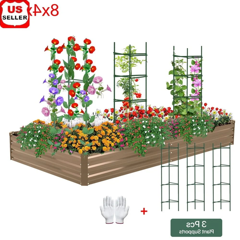 

Galvanized Steel 8x4x1ft Outdoor Raised Garden Bed Planter Box Vegetables Flowers Herbs with Tomato Cages Durable Weatherproof