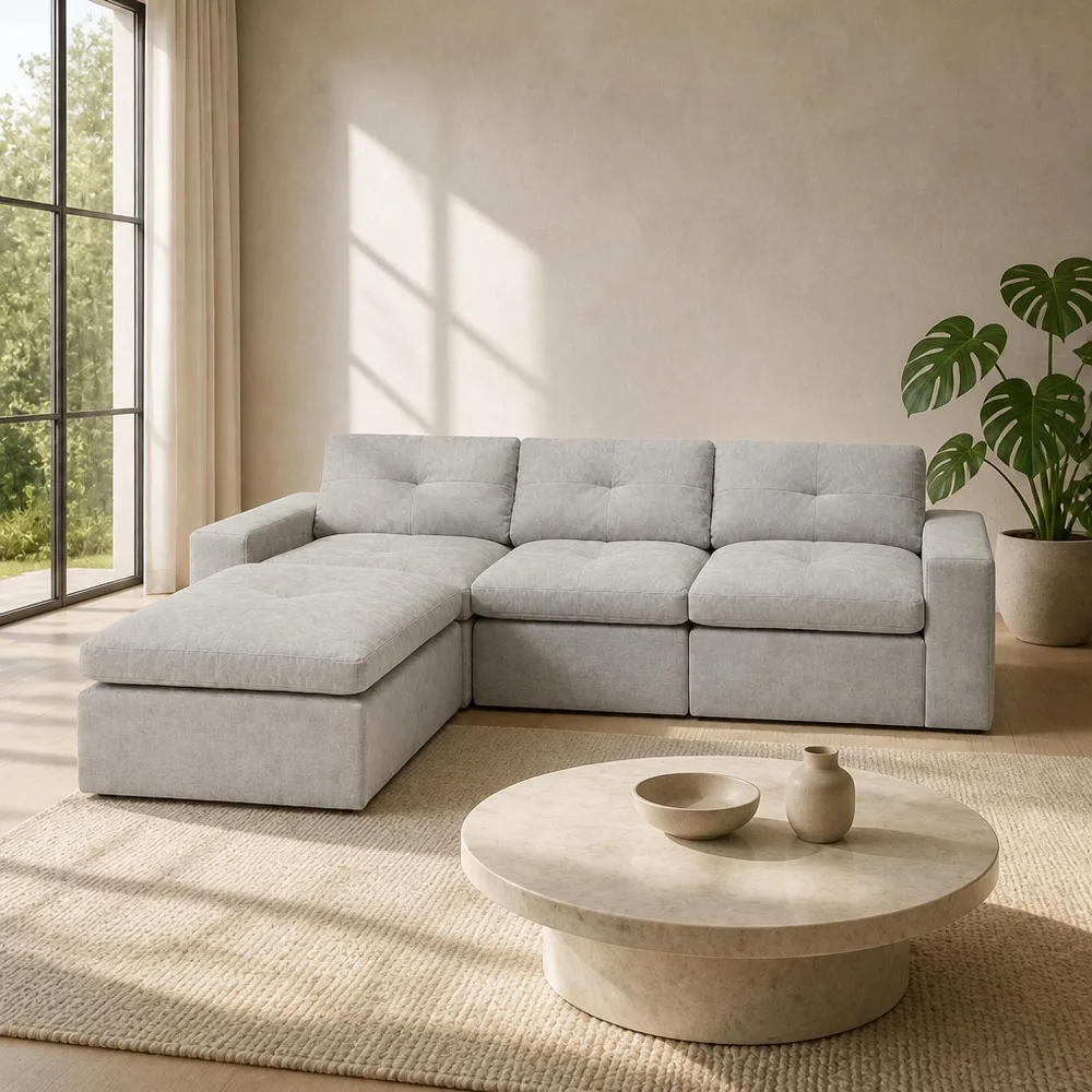 Back Cushion Compressed Sofa Modular L Shape Vacuum Packed Grid Tufted Living Room Furniture OEM