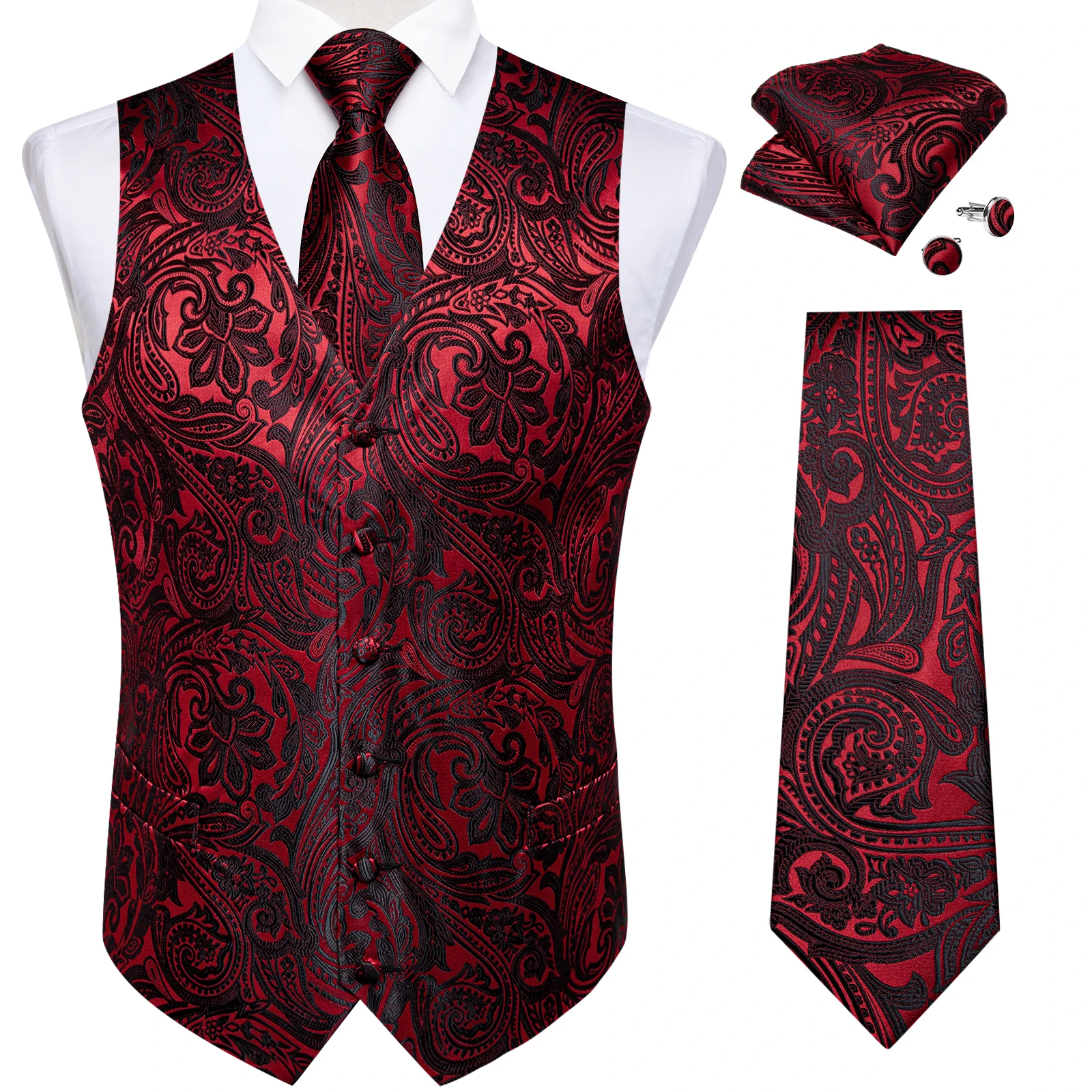 Burgundy Paisley Pattern Vest Full Accessory Combo Tie Pocket Square Cufflinks Gold Ring For Groom Anniversary Banquet