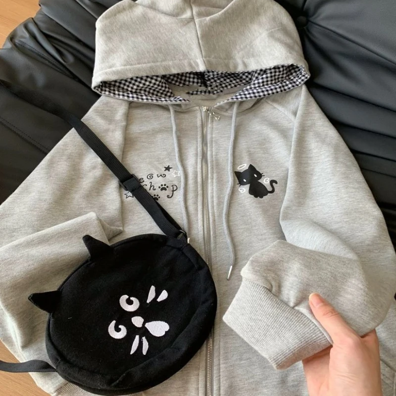 سترة نسائية بغطاء للرأس على الطراز الياباني من Deeptown سترة بقلنسوة برسوم كارتونية حلوة هاراجوكو سترة سميكة من Cutecore كبيرة الحجم بسحاب