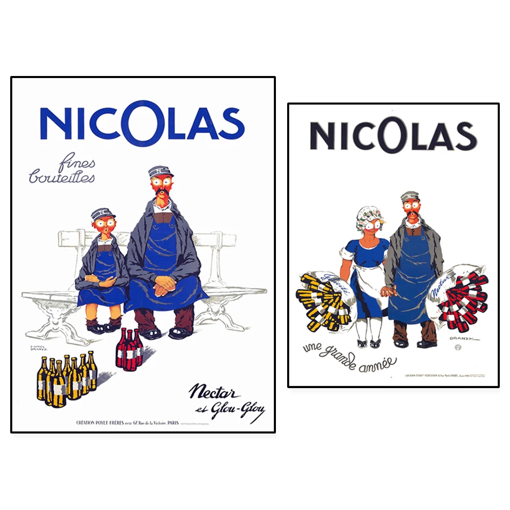 Pósteres vintage de comida y bebida de Jules Isard Dransy, Nicholas Wine, Nectar y Glou-Glou Characters