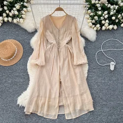 Vintage Elegant Vneck Long Sleeve Single Breasted Split Dress A-line Casual Women Fashion Autumn Spring Vestidos