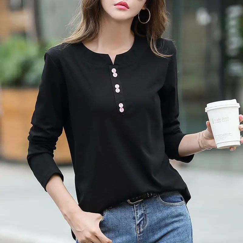 Women\'s Autumn Fashion Simplicity Solid Color V-neck Long Sleeve T-Shirt Women Clothes Casual All-match Loose Temperament Tops