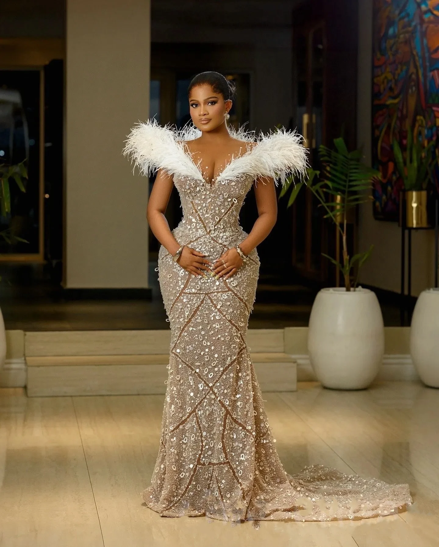 White Illusion Mermaid Prom Dresses For Special Occasions Sequined Feather Sheer Neck Evening Formal Party Reception Birthd