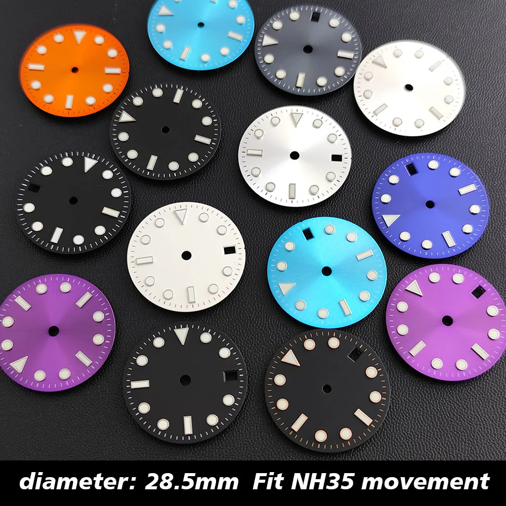 

Зеленый светящийся циферблат 28,5 мм, стерильный золотой гвоздь, черный/белый циферблат, подходит для механизма NH35A NH35 NH36 NH38 с окошком даты
