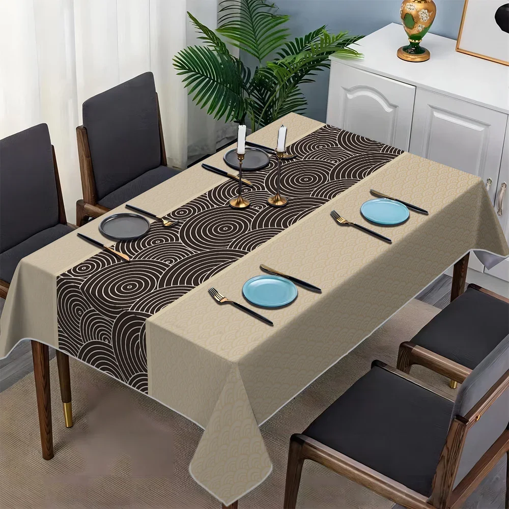 One black and white concentric circle geometric printed rectangular tablecloth, washable, suitable for festivalszyc