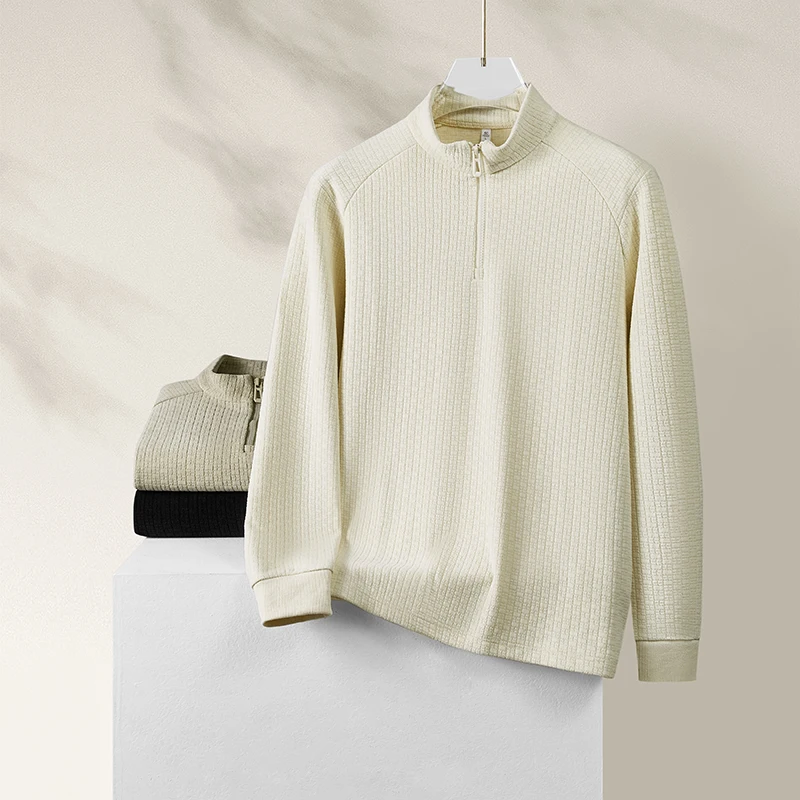 Autumn and Winter Mulberry Silk and Merino Wool Blend Men's Slim-Fit Fashionable Plaid Jacquard Half-Zip Stand Collar Long-Sleeve Top
