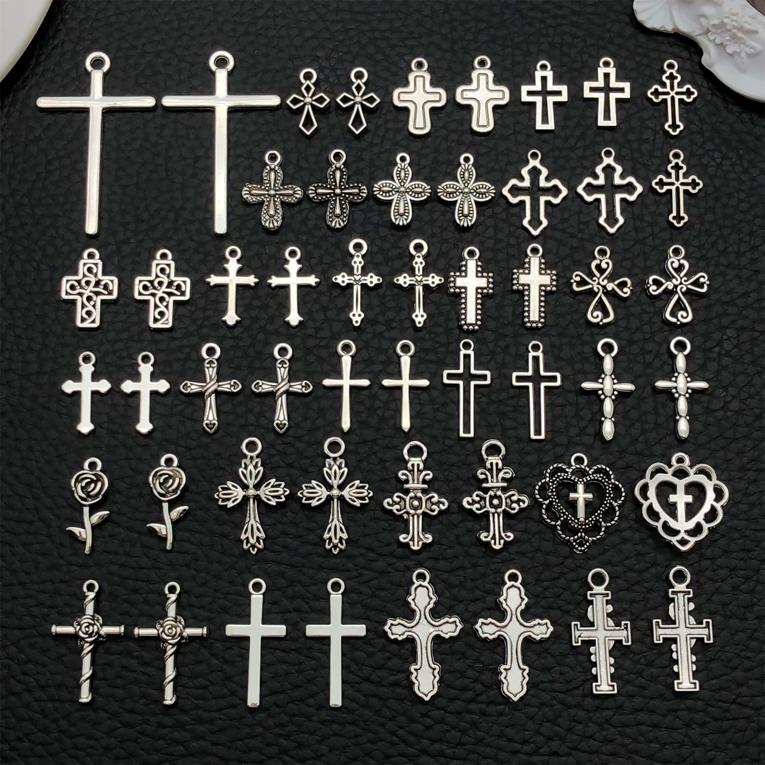 52pcs Assorted Cross Pendants (Antique Silver/Black) - Bulk Jewelry-Making Kit for Gothic/Boho Styles