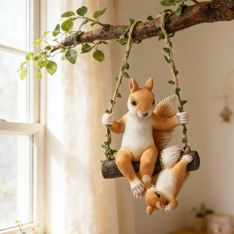 Resin Squirrel Swing Pendant Outdoor Yard Balcony Hanging Decoration Landscape Crafts