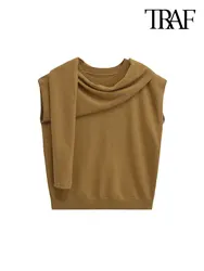 TRAF-maglione lavorato a maglia stile sciarpa da donna, O collo, pullover femminili senza maniche, top Chic, moda