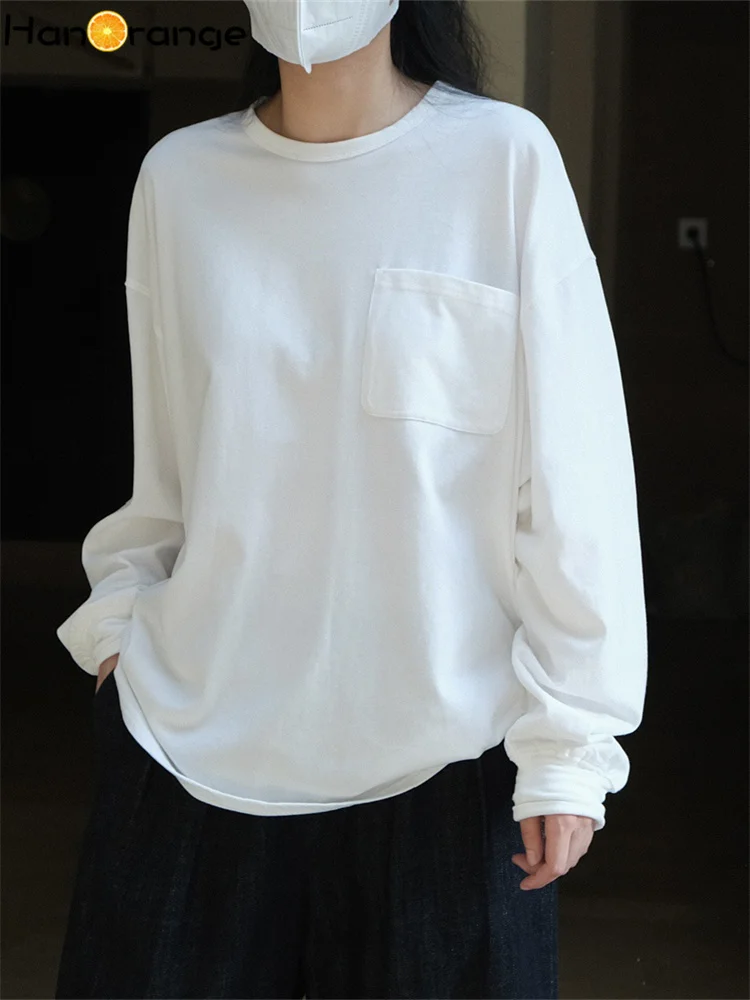 HanOrange 2026 Spring Simple Bruising Feeling T-shirt Women Loose Silhouette Lazy Casual Long Sleeve Top Tees Female