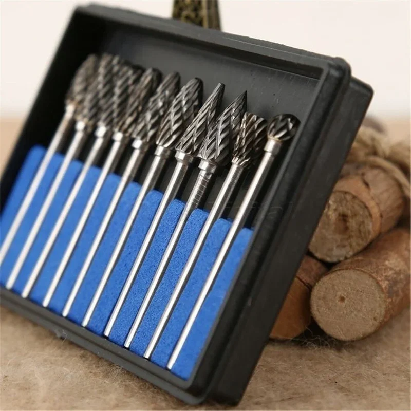 10 PCS Tungsten Carbide Steel Rotary File Set Grinders Accessories Burr Woodworking Milling Cutter Titanium Plated Engraving Set