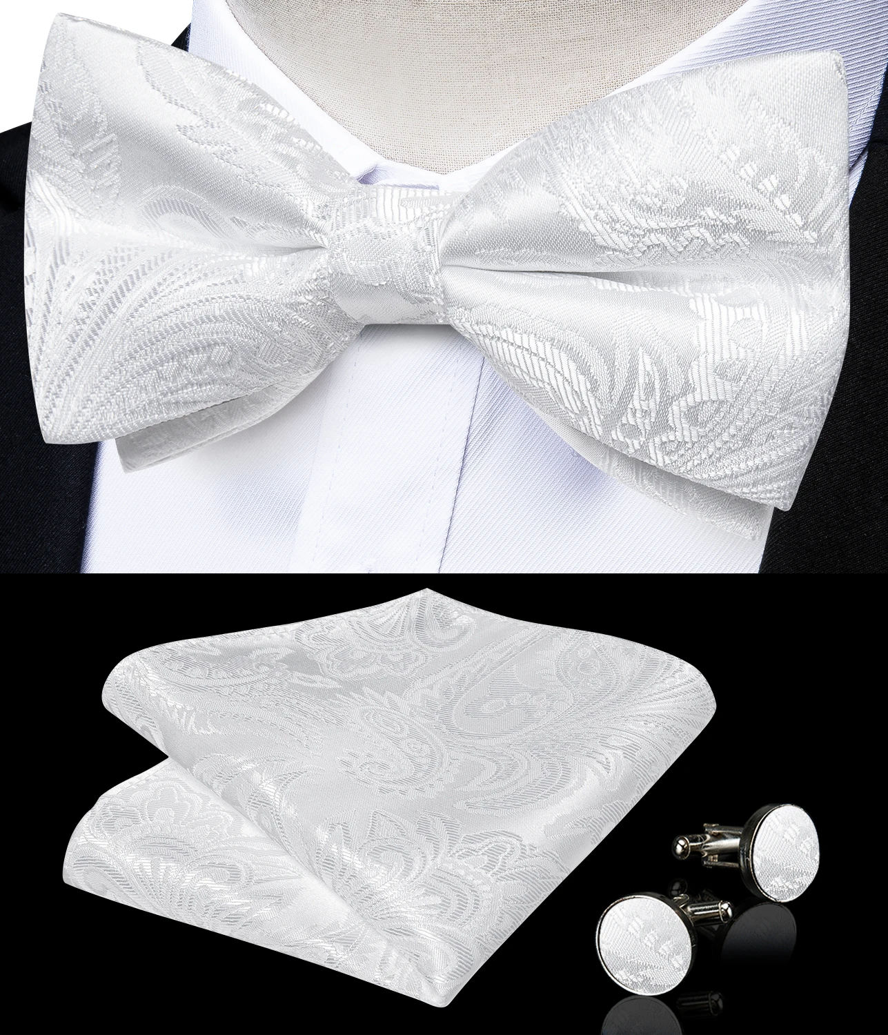Unique Designer White Pre-tied Bowtie with Jewel ring Wedding Men\'s Bow Tie Butterfly Knot for Business галстук Handkeechief Set
