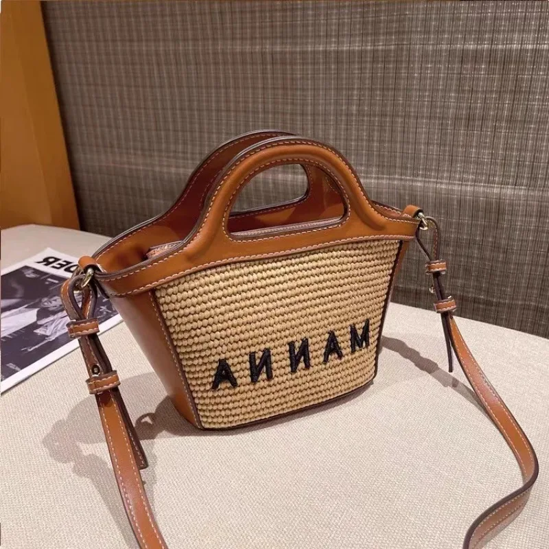 Advanced Sense Bag Women\'s New Summer Straw Woven Bag Spliced One Shoulder Crossbody Basket Beach Bags Korean Ladies Handbag