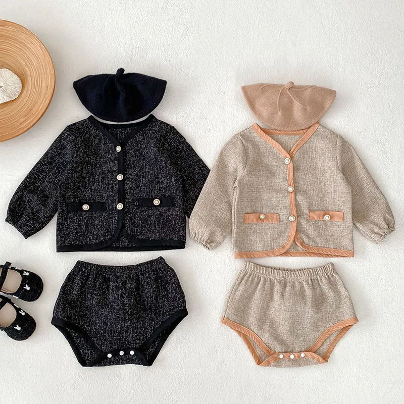 2024 New Autumn Korean Style Infant Baby Girls Clothing Set Long Sleeved Cardigan+PP Shorts Toddler Baby Girl Clothes Suit